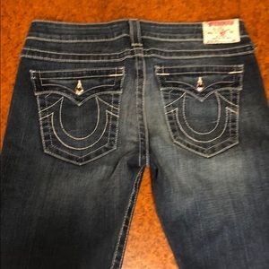 True Religion blue, distressed boot cut jeans